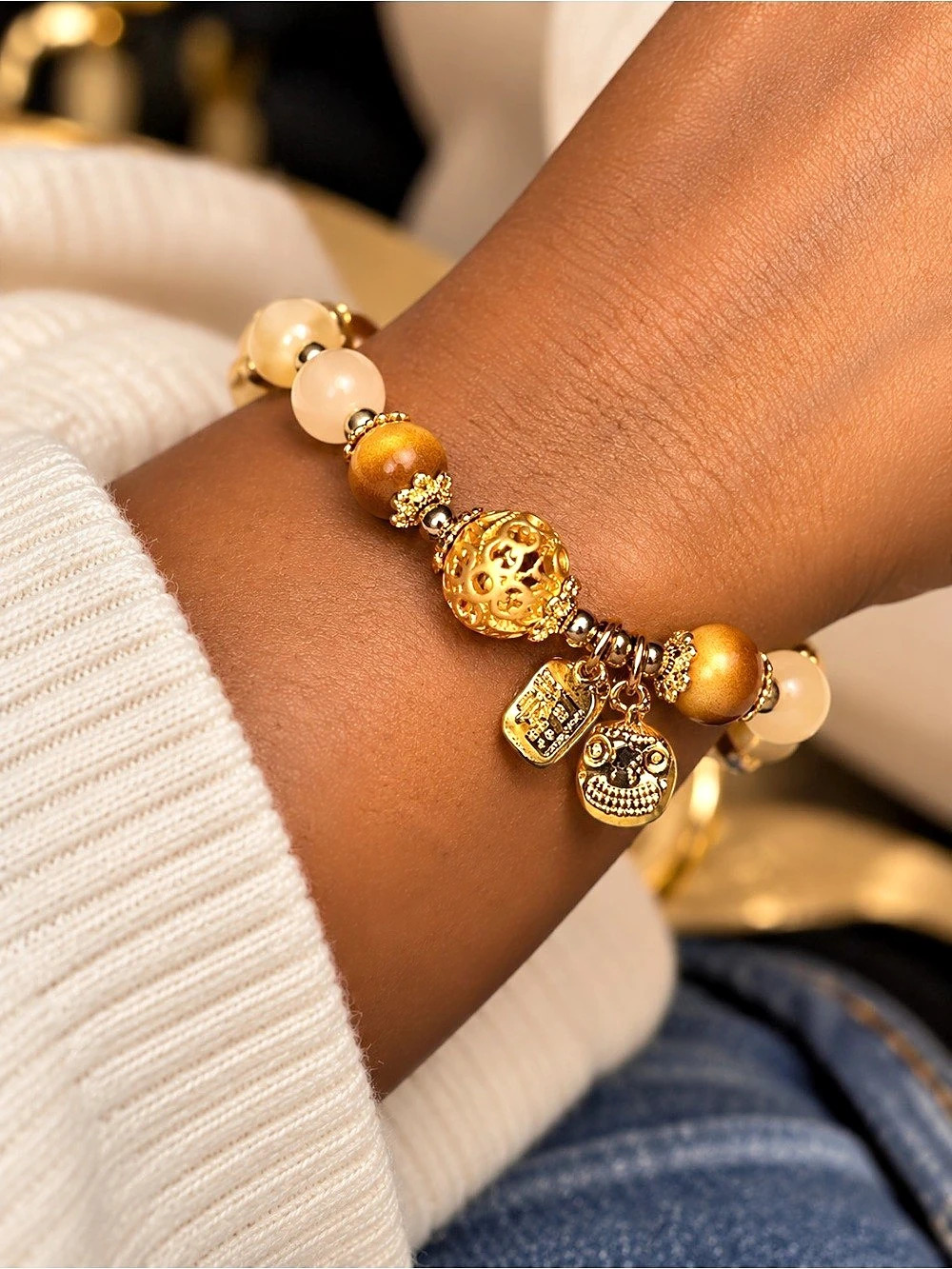 Beaded Charm Bracelet in Gold & Yellow